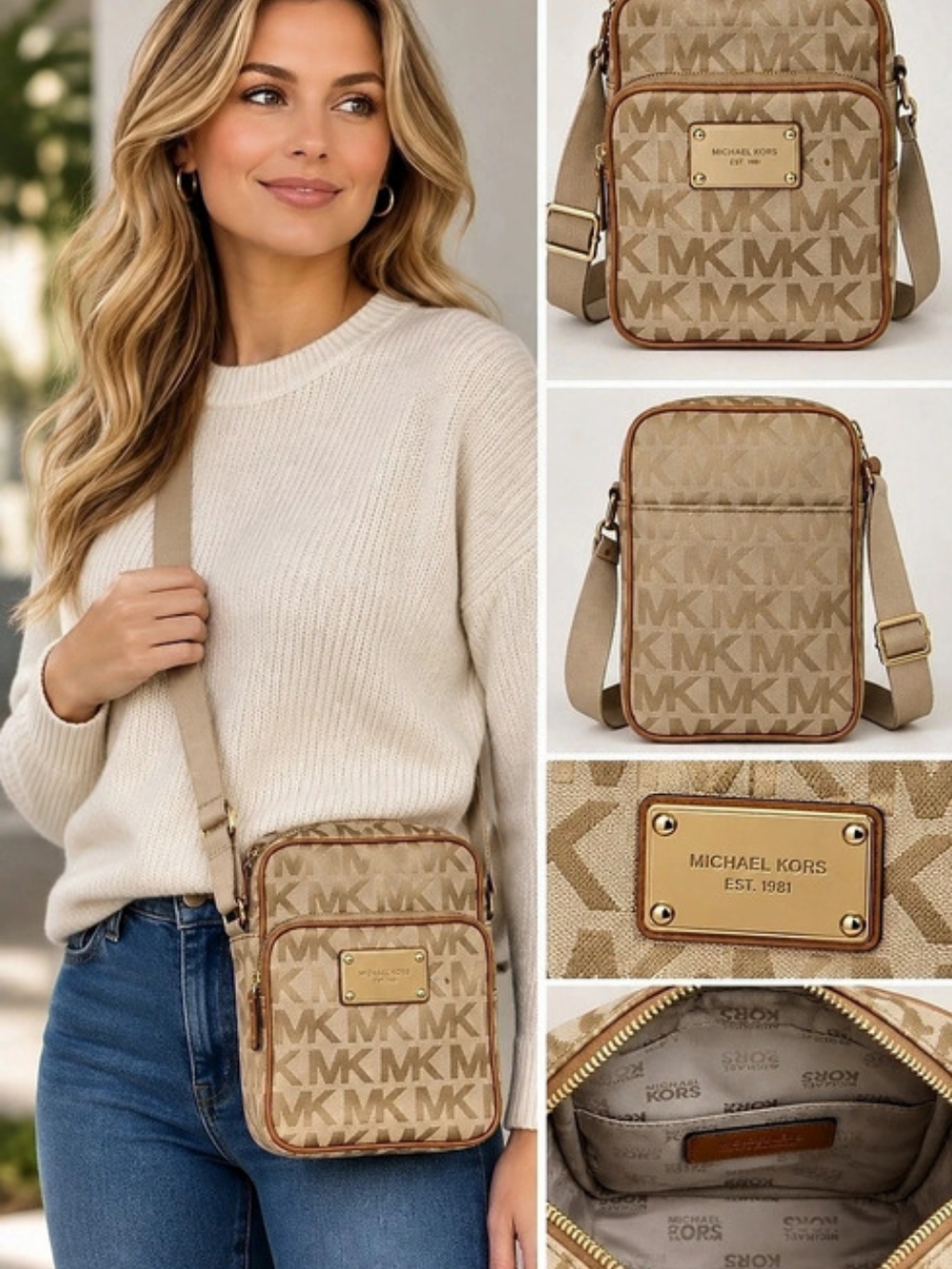 Michael Kors Jet Set Large Signature Logo Crossbody Bag Brown & Beige